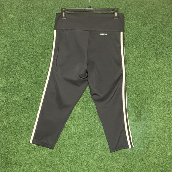Sz M Adidas Pants Women Medium Black Leggings Cropped Capri 3 Stripe Aeroready - Picture 3 of 3